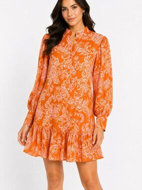 Tyler Boe Orange Paisley Linen Blend Tiered Shirt Dress S